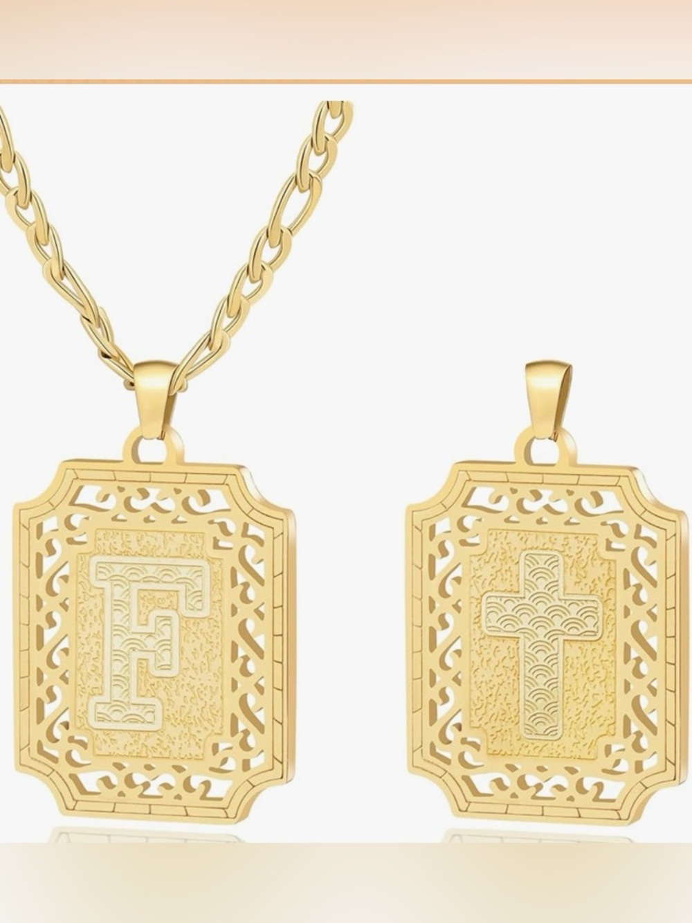 double-sided pendant w initial F on the front & cross on the back necklace NIB